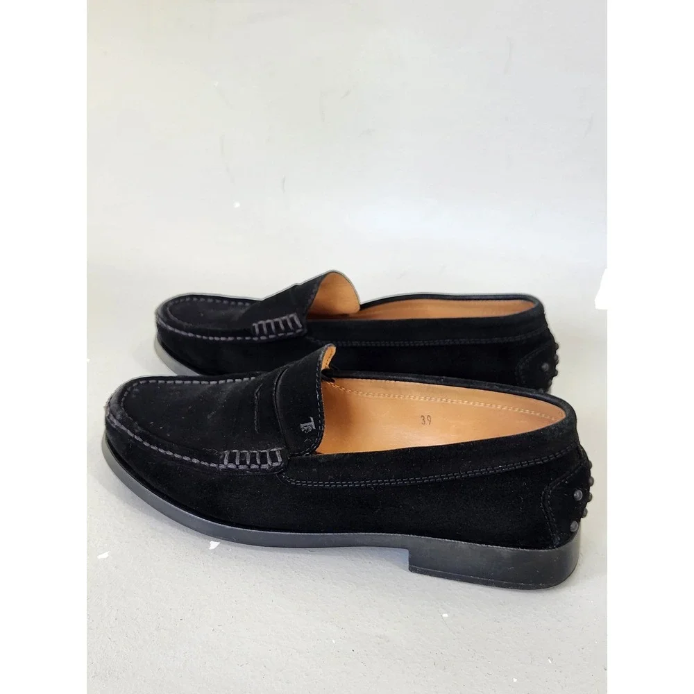 Tod's Penny Loafers Women EU 39 US 8.5 Black Suede Gomma Heel Italy Quiet Luxury